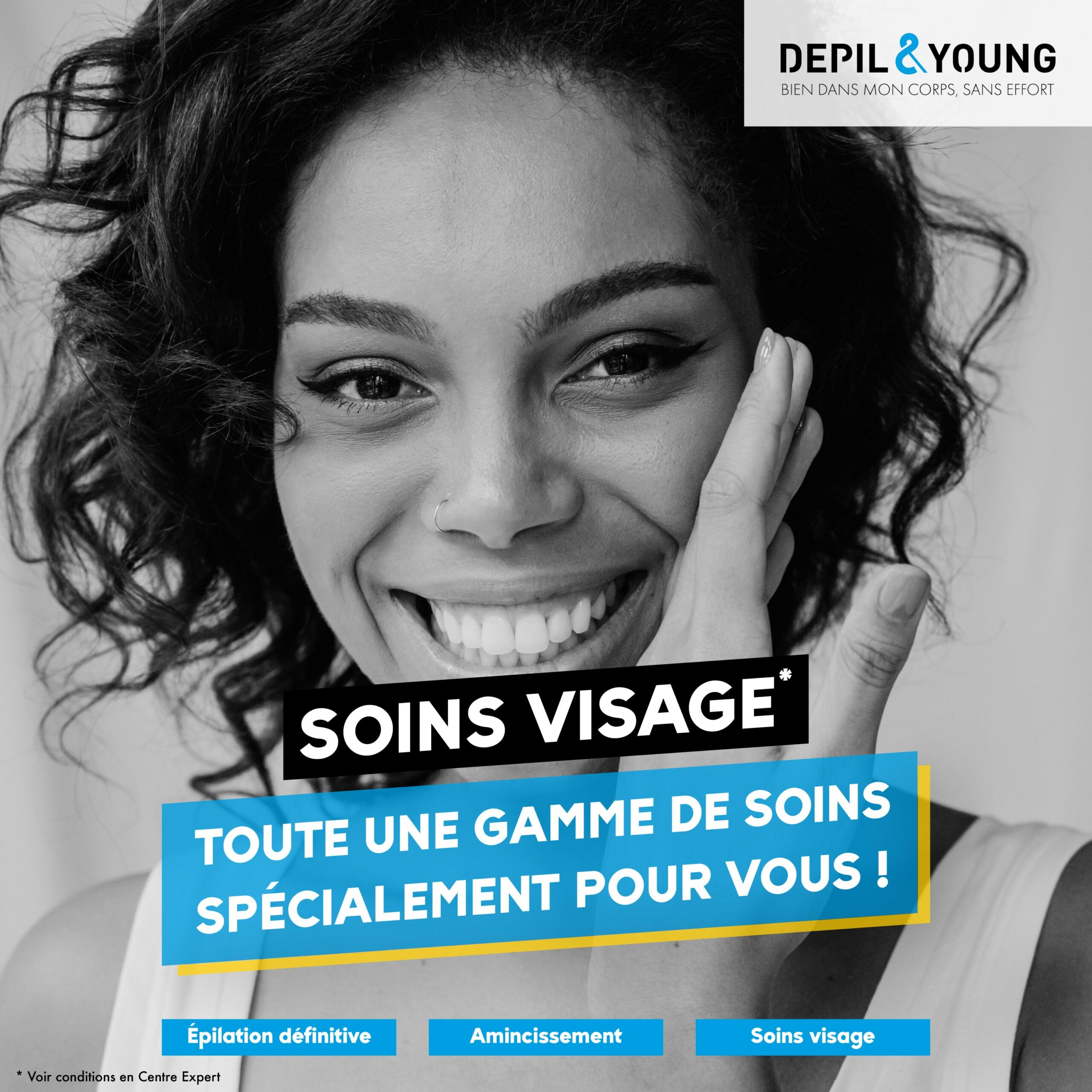 une femme qui touche son visage avec un sourire apres un soins visage depilandyoung